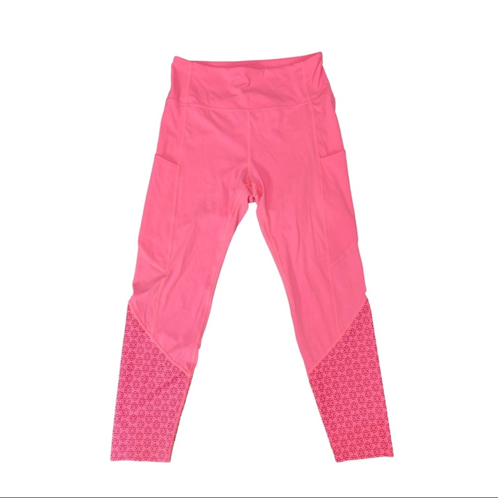 ZYIA Active Leggings Neon Coral Pink Flower Power Leggings 8/10 Medium Pockets